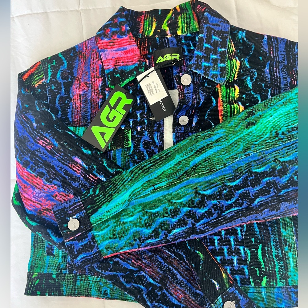 techno fabric, brand logo, multicolor pattern, jacket